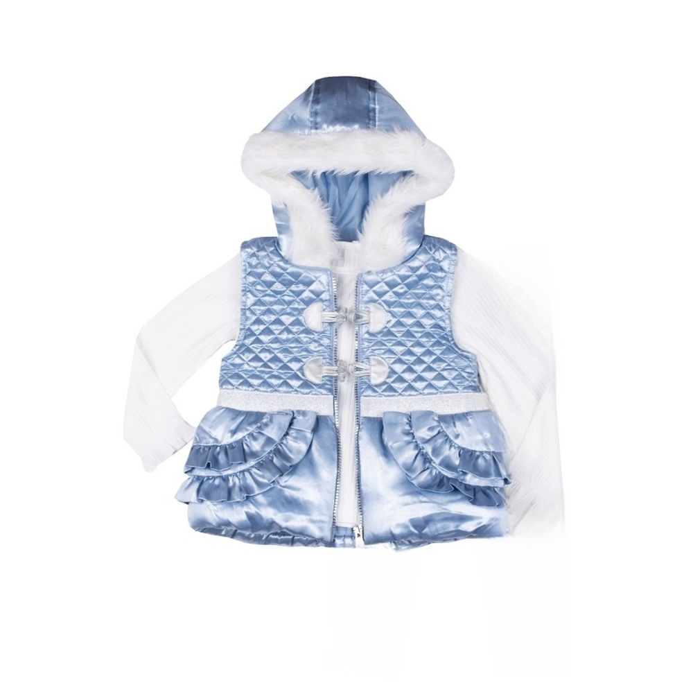 NWT Little Lass Frosty Blue Quilted Vest w/Faux Fur Trim Hood & LS Top ~ 12 Mos